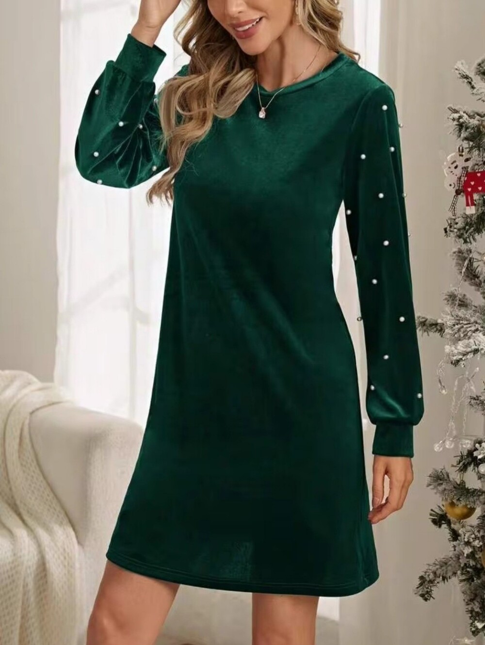 Velvet Pearl Sleeve Shift Dress - Dark Green